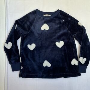 Loft Soft Furry Fleece Long Sleeve Pull Over Navy Blue White Hearts Size XS